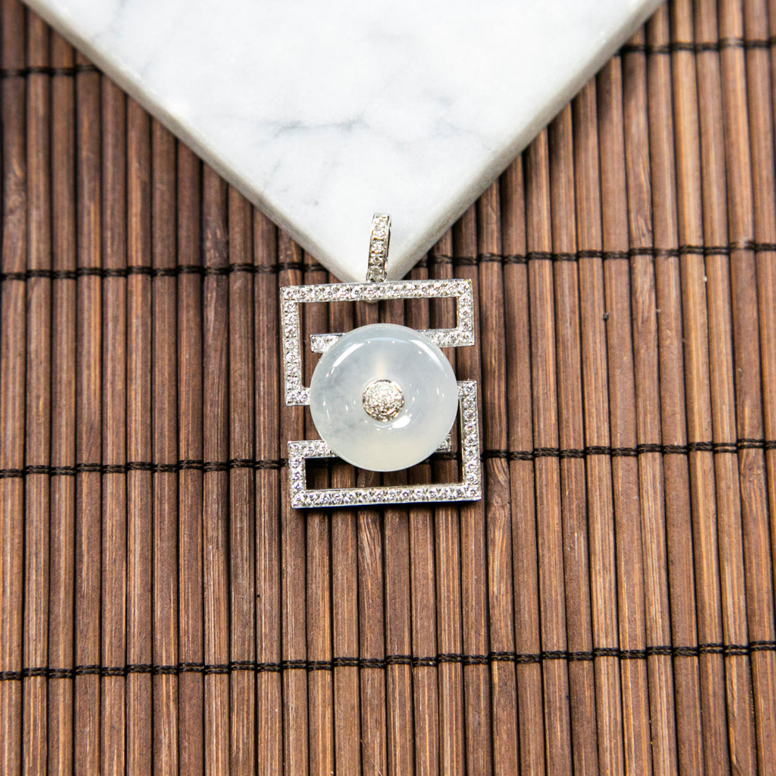 18K Platinum Diamond Natural Burmese Jade Icy White Ping An Donut Pendant