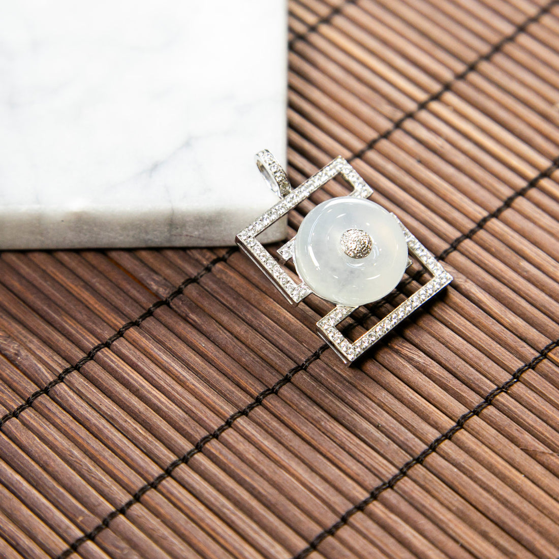 18K Platinum Diamond Natural Burmese Jade Icy White Ping An Donut Pendant