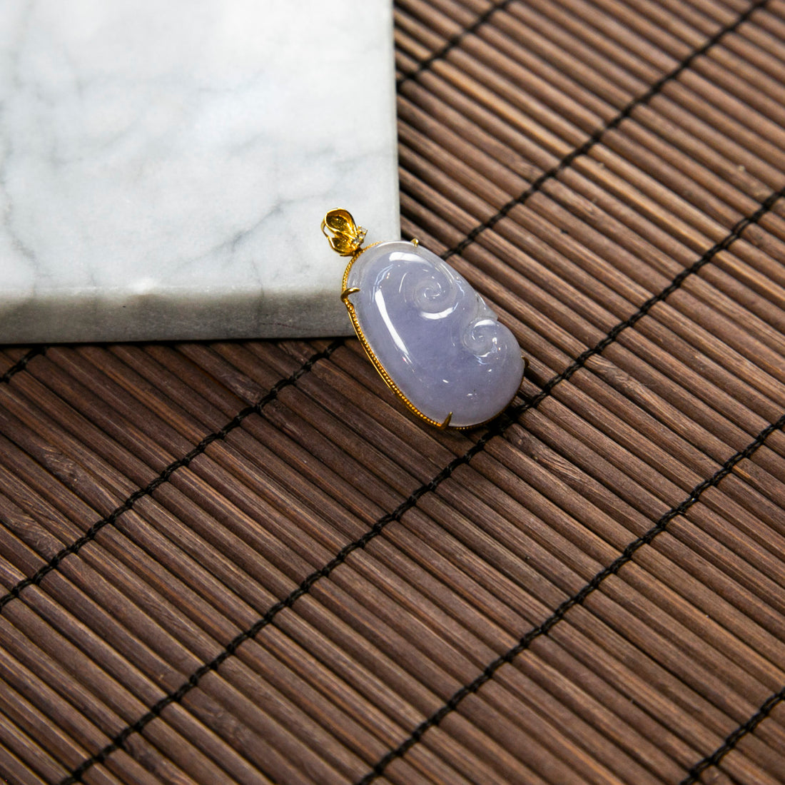 18K Gold Diamond Natural Burmese Jade Icy Lavender Ruyi Pendant