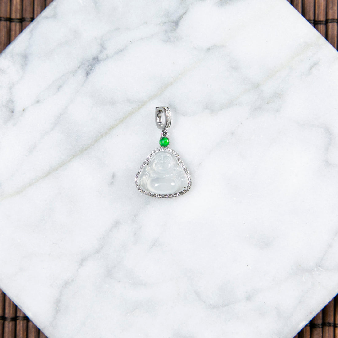 18K Platinum Diamond Natural Burmese Jade Icy White Buddha Charm