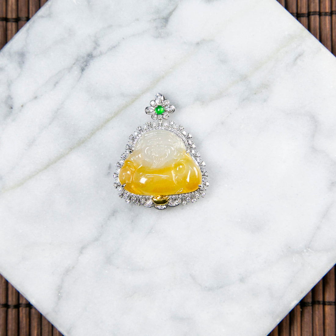 18K Platinum Diamond Natural Burmese Jade Icy Yellow Money God Pendant