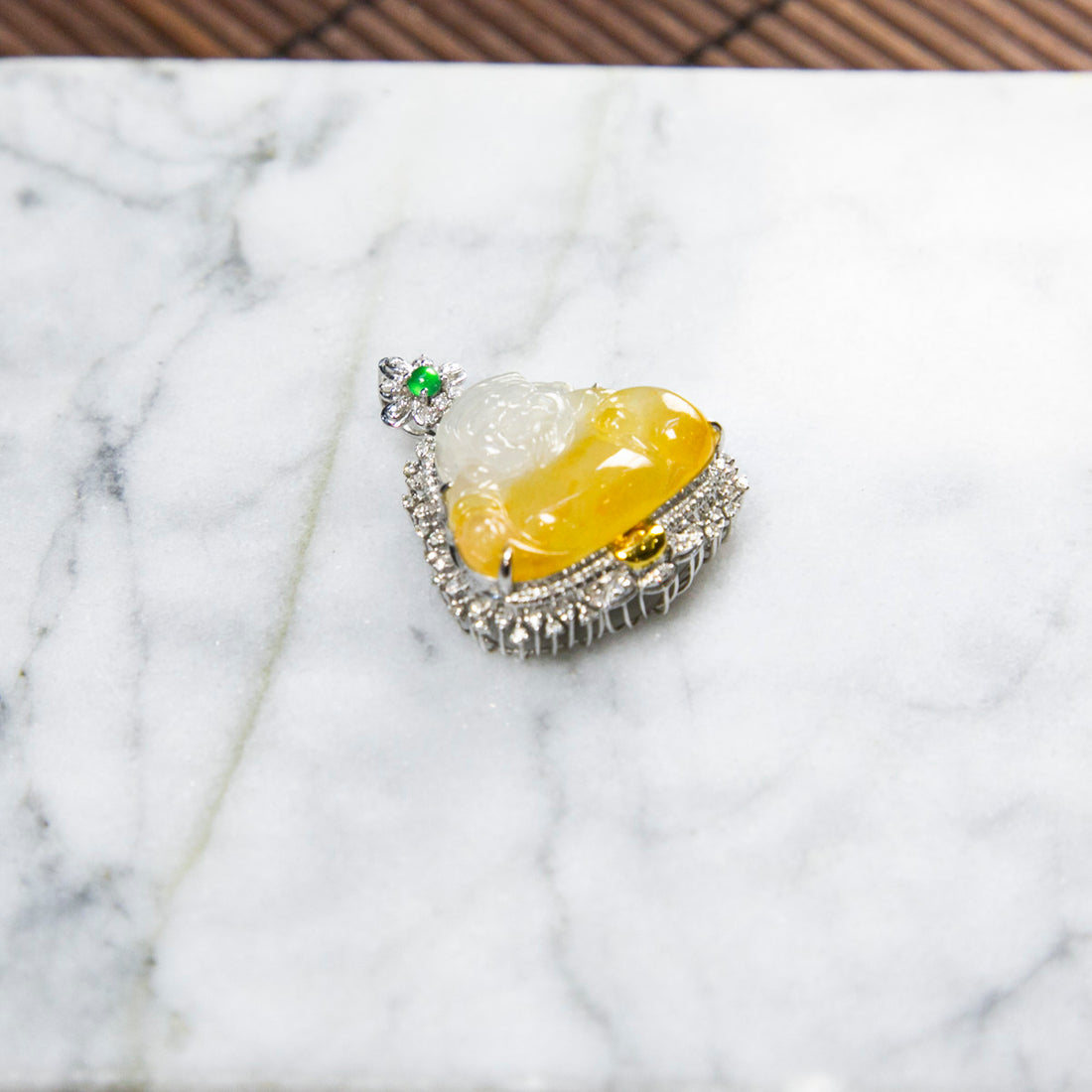 18K Platinum Diamond Natural Burmese Jade Icy Yellow Money God Pendant