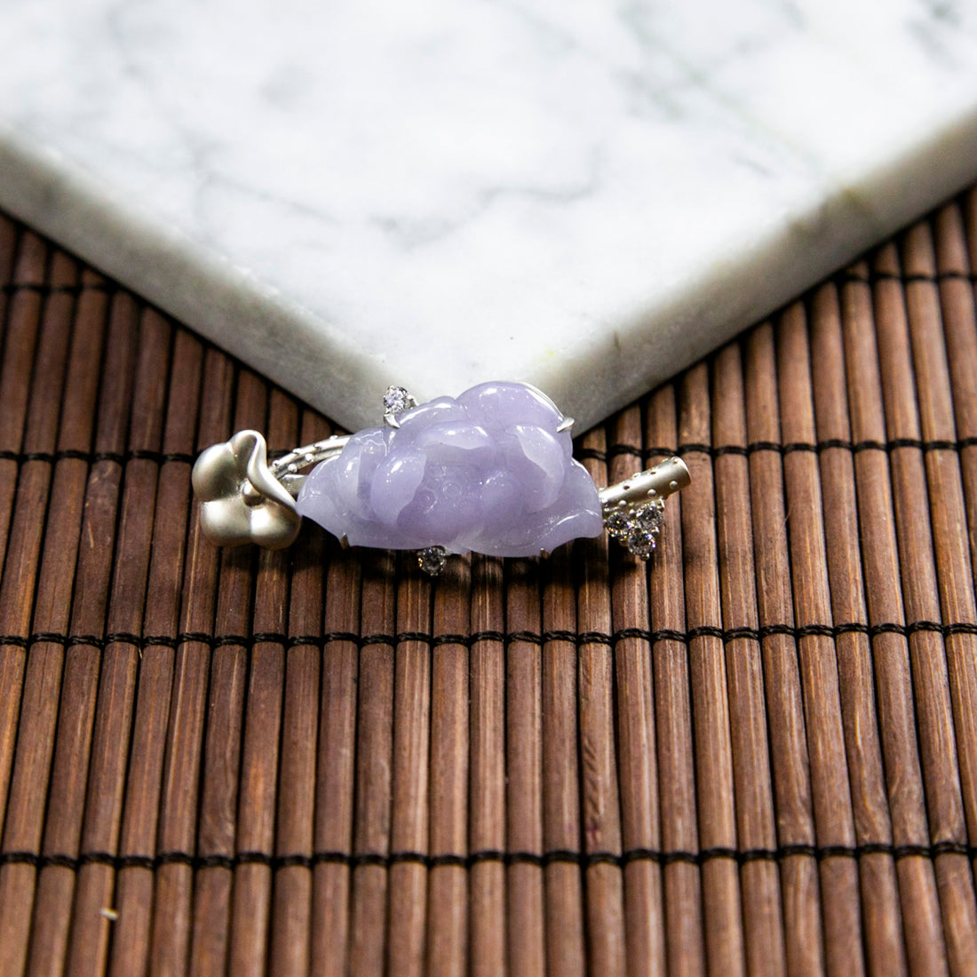 S925鍍金鑲鋯石天然緬甸翡翠粉紫蓮花別針