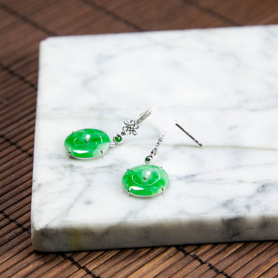 18K Platinum Diamond Natural Burmese Jade Bright Green Piao Hua Ping An Donut Ear Studs