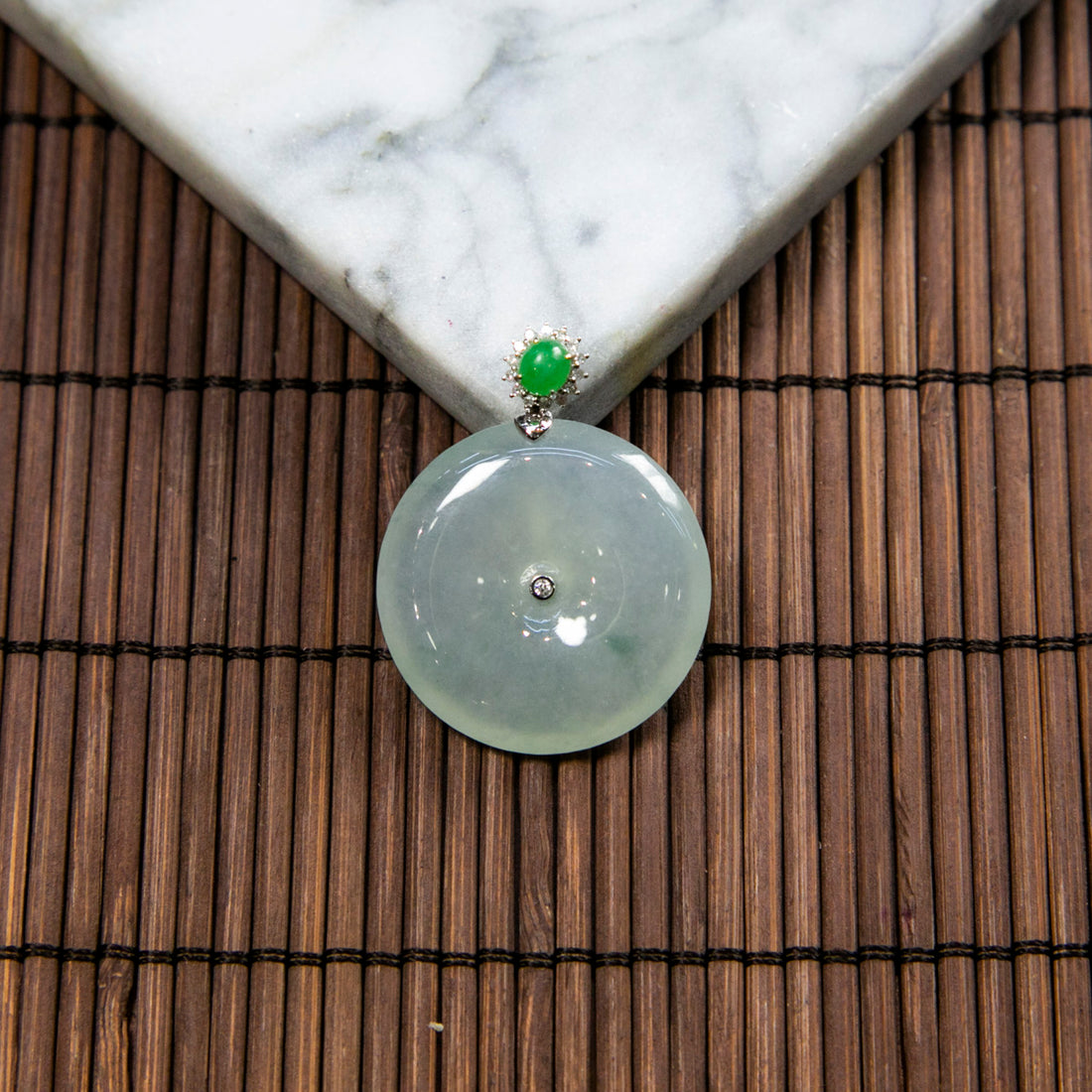 18K Platinum Diamond Natural Burmese Jade Icy Bluish Piao Hua Ping An Donut Pendant