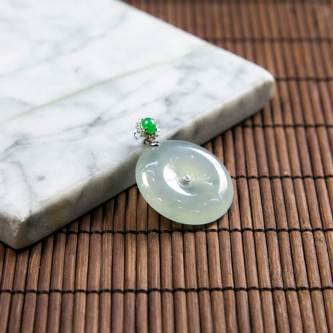 18K Platinum Diamond Natural Burmese Jade Icy Bluish Piao Hua Ping An Donut Pendant