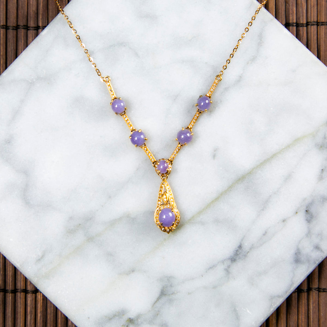 18K Rose Gold Diamond Natural Burmese Jade Deep Purple Cabochon Necklace