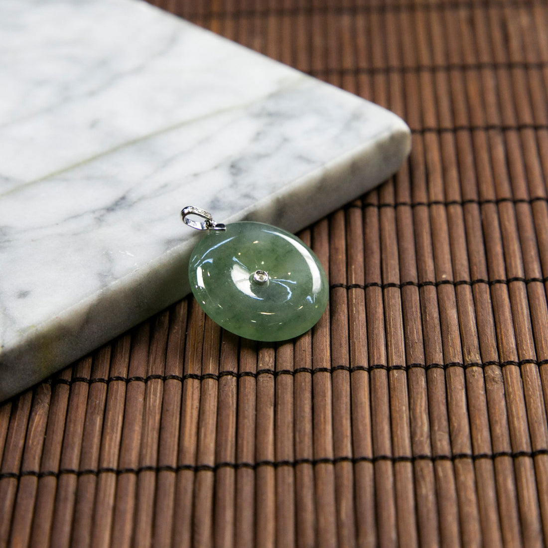 18K Platinum Diamond Natural Burmese Jade Icy Bluish Green Piao Hua Ping An Donut Pendant