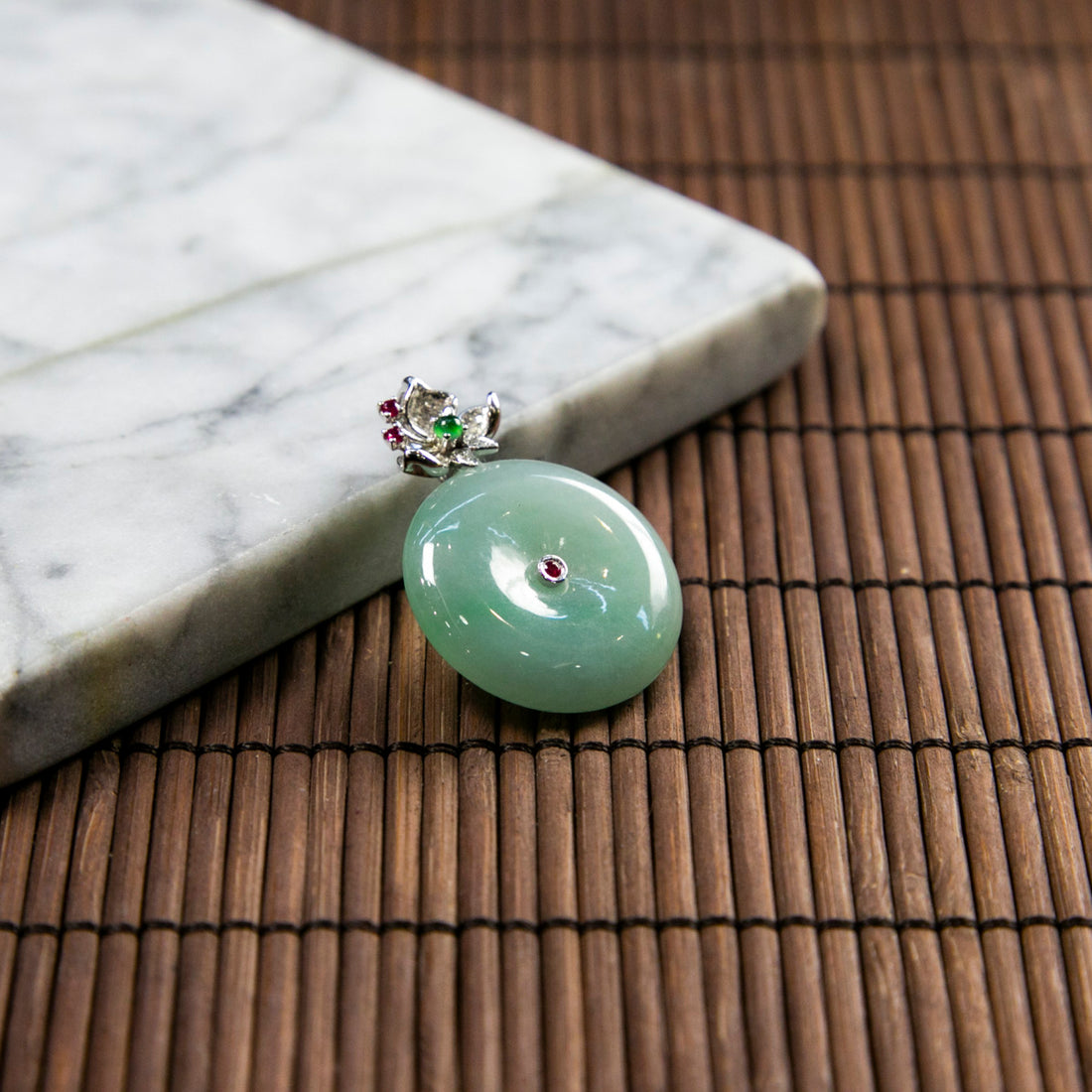 18K Platinum Diamond Natural Burmese Jade Light Green Ping An Donut Pendant