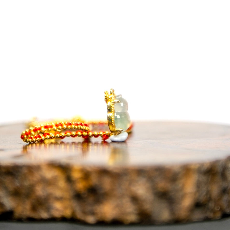 18K Yellow Gold Natural Burmese High-Ice White Floating-Green-Flower Gourd Cord Bracelet (Fits Wrist Size 15-19cm)