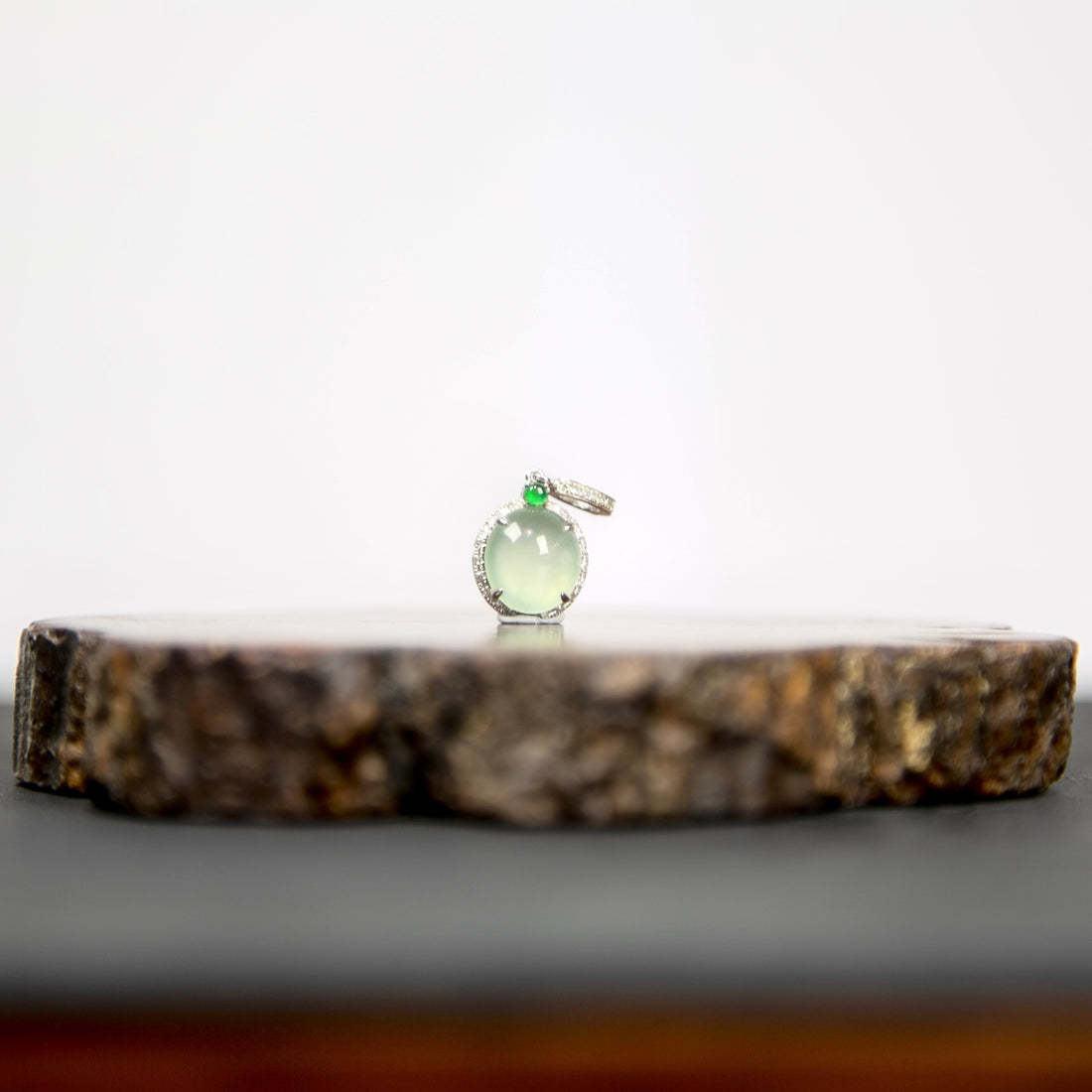 18K White Gold Diamond-Set Natural Burmese Vivid Green & Ice Pale Green Jadeite Cabochon Pendant