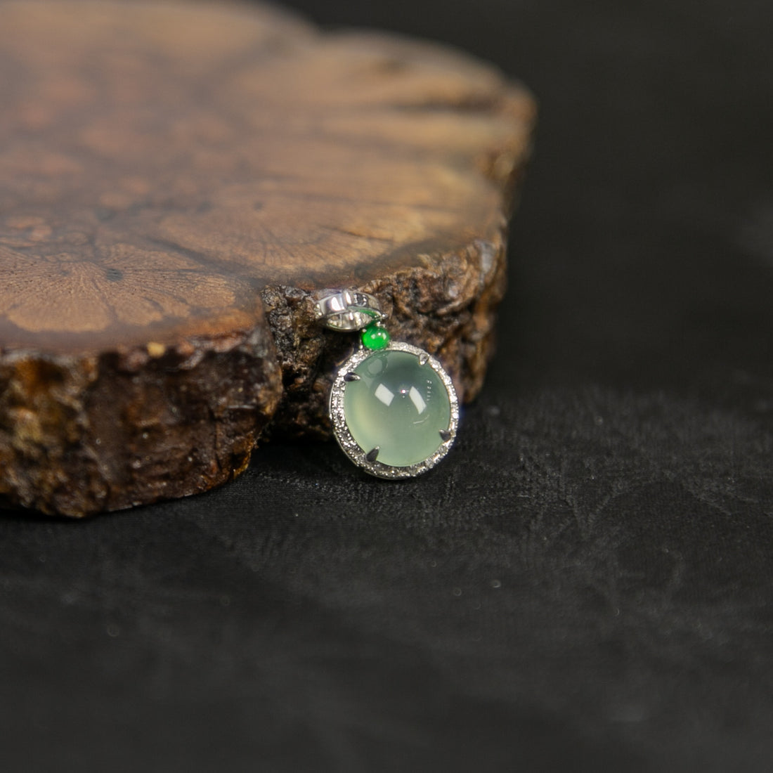18K White Gold Diamond-Set Natural Burmese Vivid Green & Ice Pale Green Jadeite Cabochon Pendant
