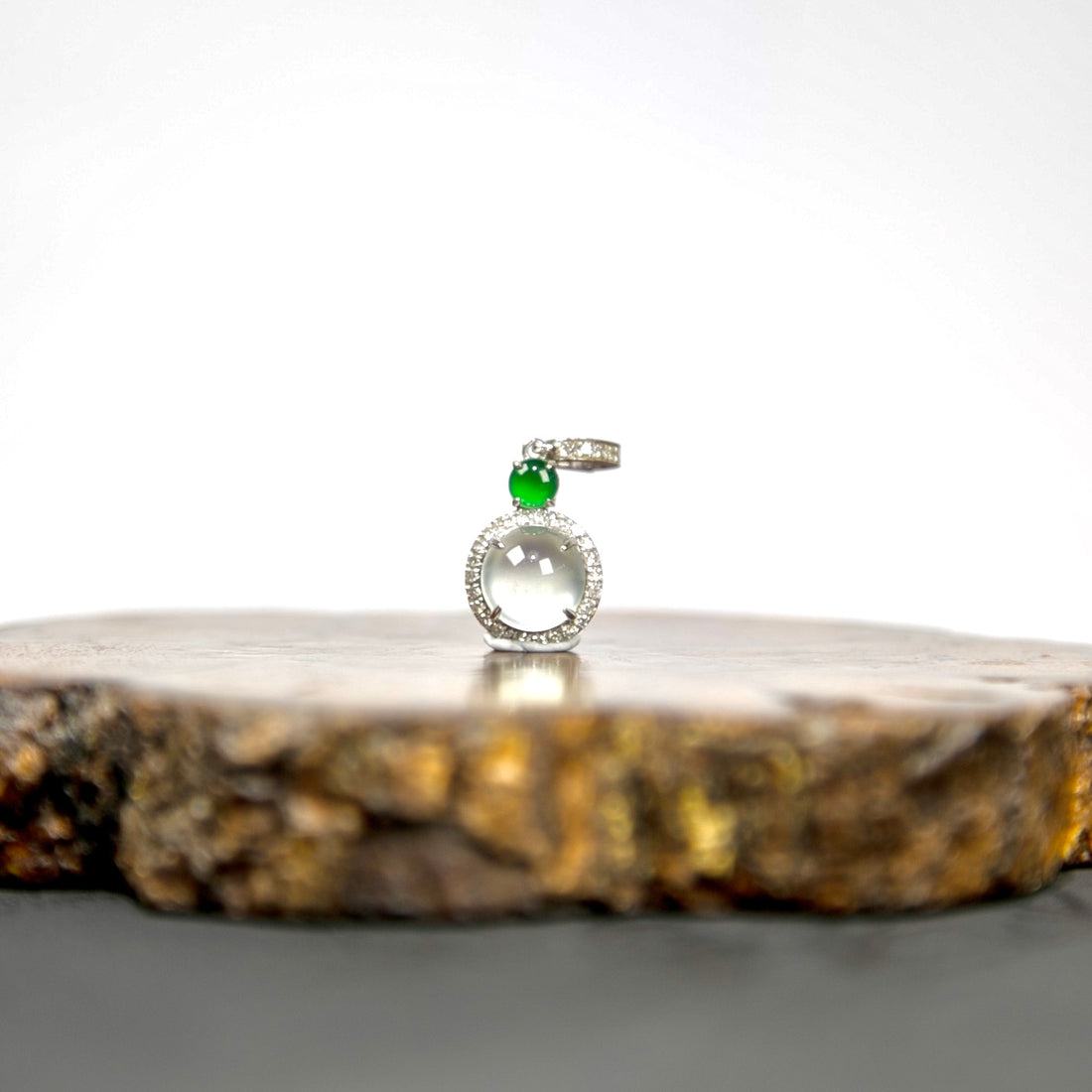 18K White Gold Diamond-Set Natural Burmese Vivid Green & Icy White Cabochon Pendant