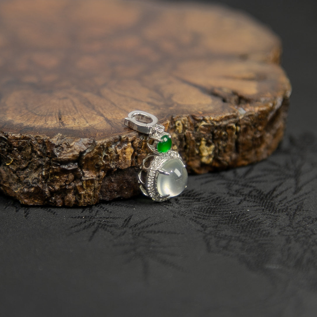 18K White Gold Diamond-Set Natural Burmese Vivid Green & Icy White Cabochon Pendant