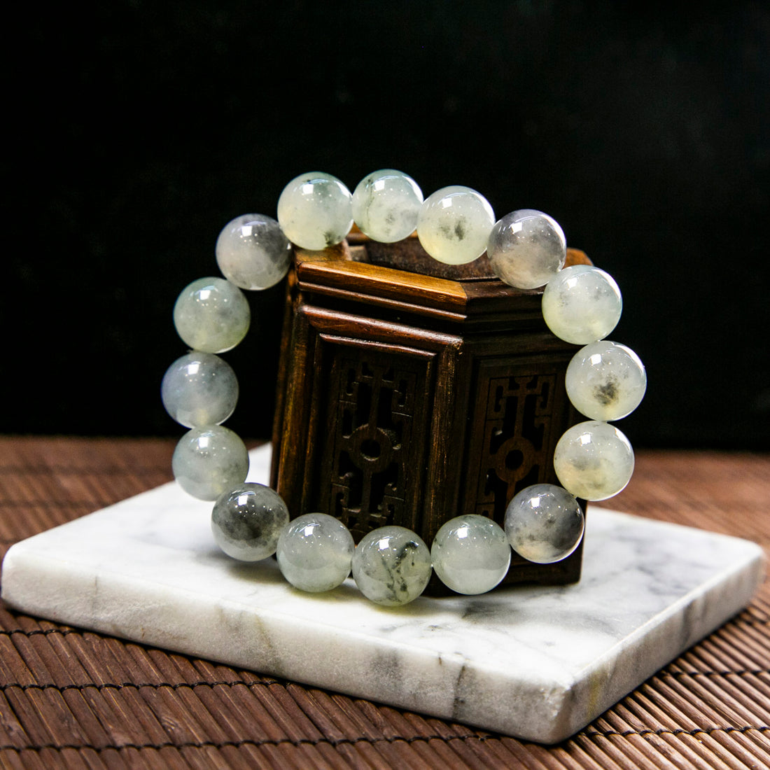 Natural Burmese Jade Icy Wuji Black Jade Piao Hua Beaded Bracelet