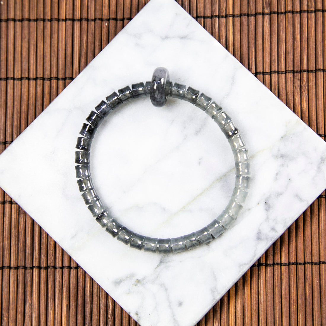 Natural Burmese Jade Gradient Wuji Black Barrel Beads Bracelet with Jade Donut