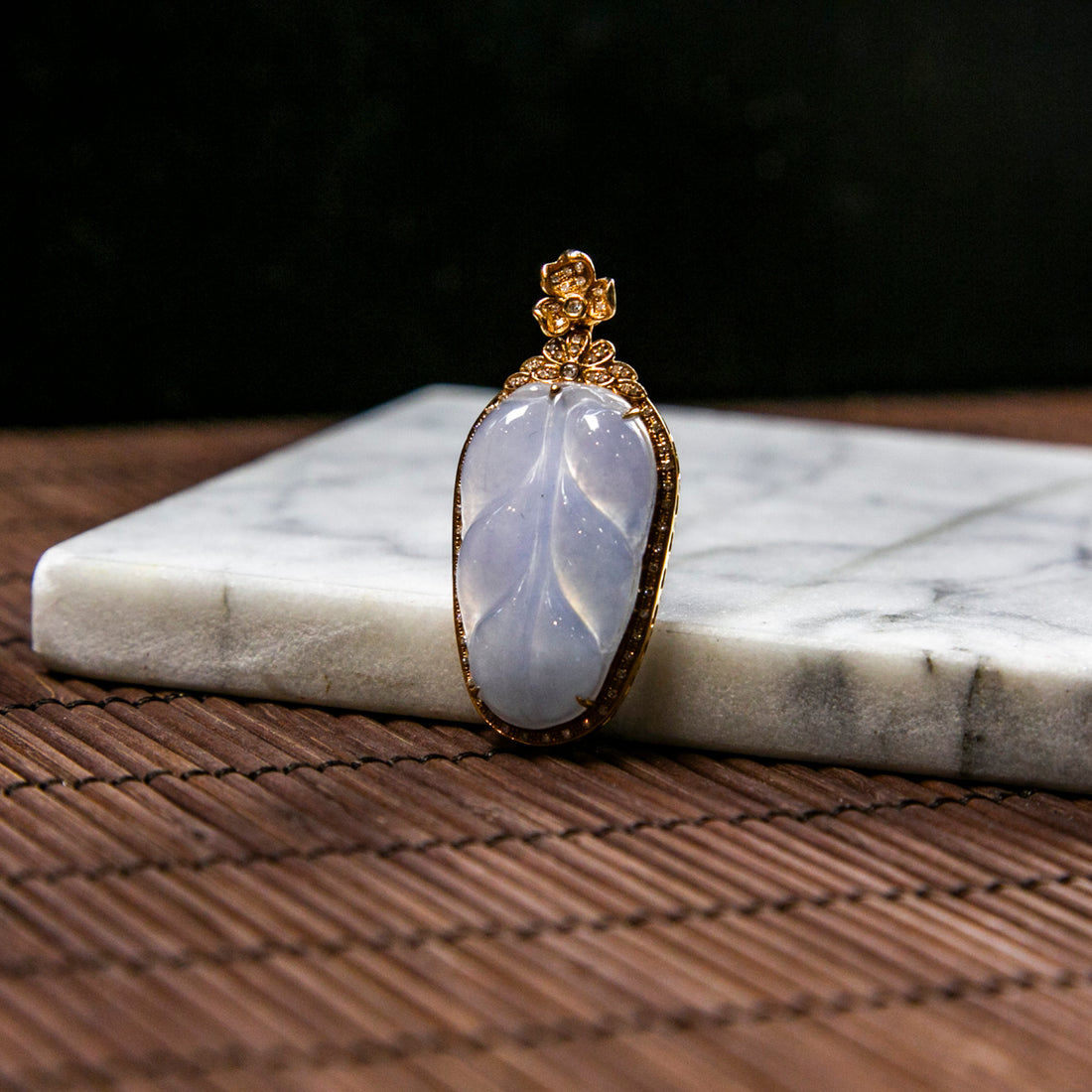 18K Rose Gold Diamond Natural Burmese Jade Icy Bluish Lavender Leaf Pendant