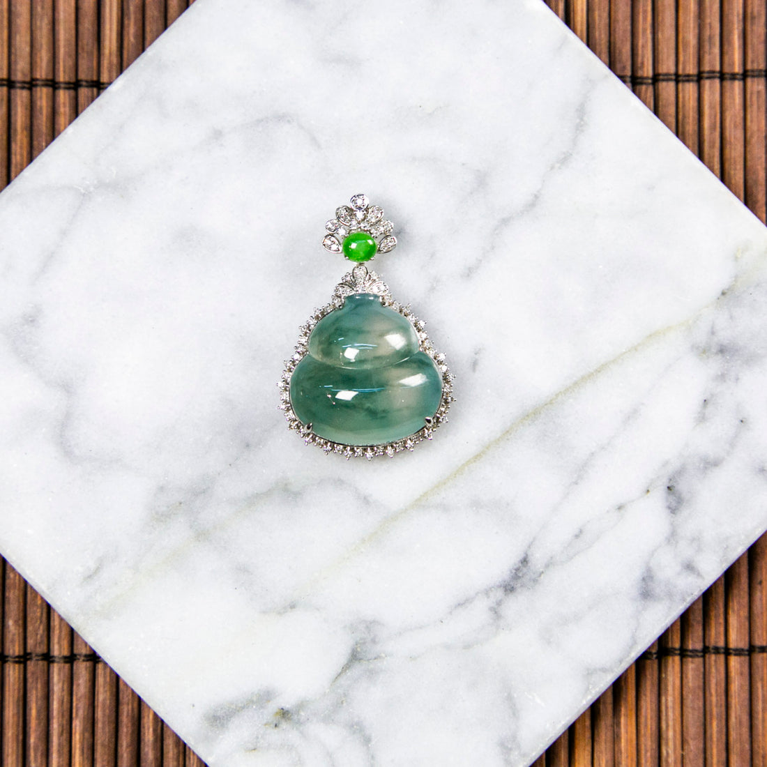 18K Rose Platinum Diamond Natural Burmese Jade Icy Bluish Piao Hua Hulu Pendant