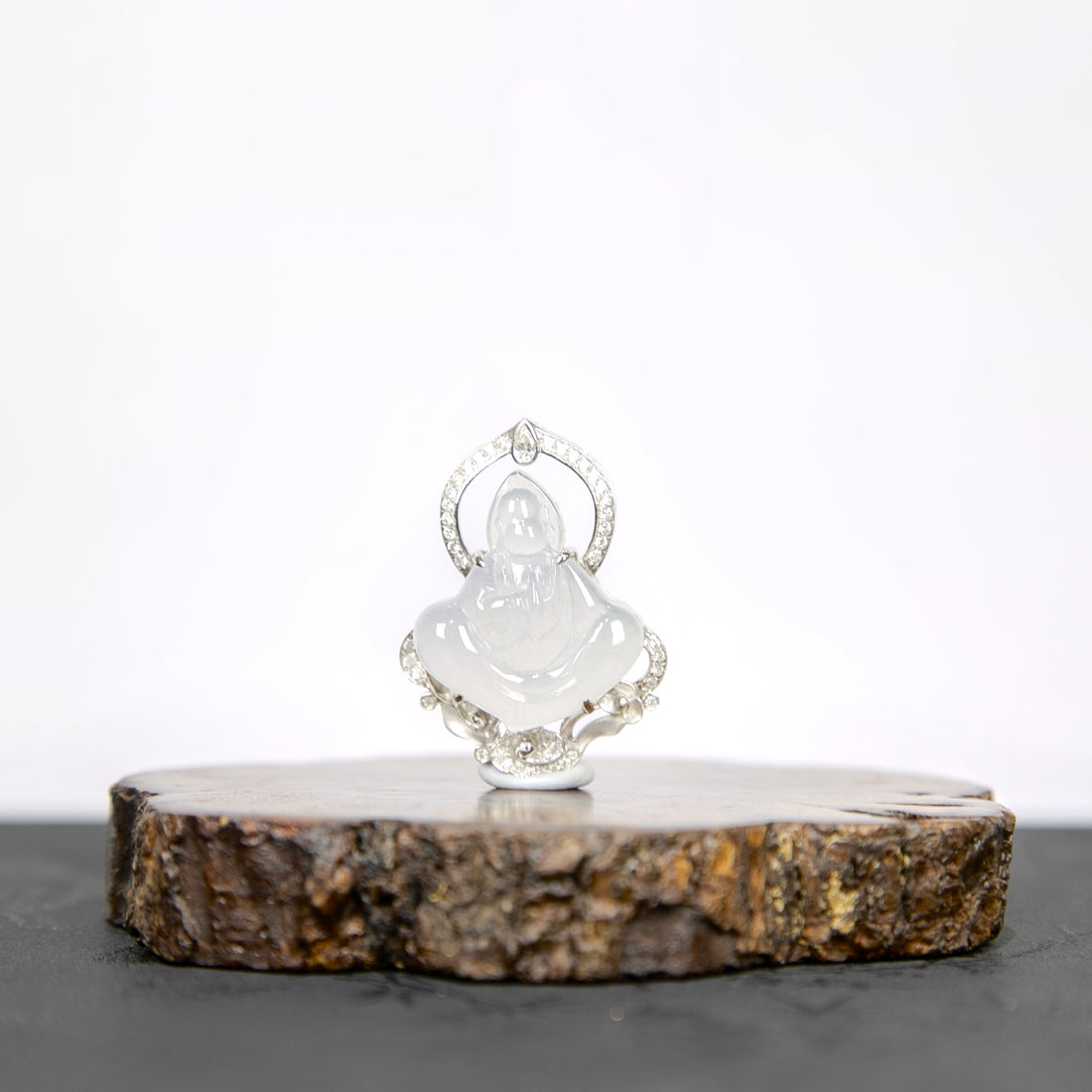 18K White Gold Diamond-Set Natural Burmese White-Base Buddha Pendant