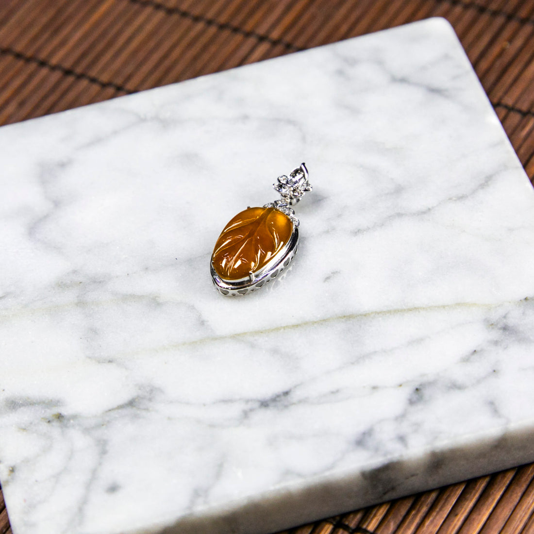 18K Rose Platinum Diamond Natural Burmese Jade Icy Orange Jade Leaf Pendant