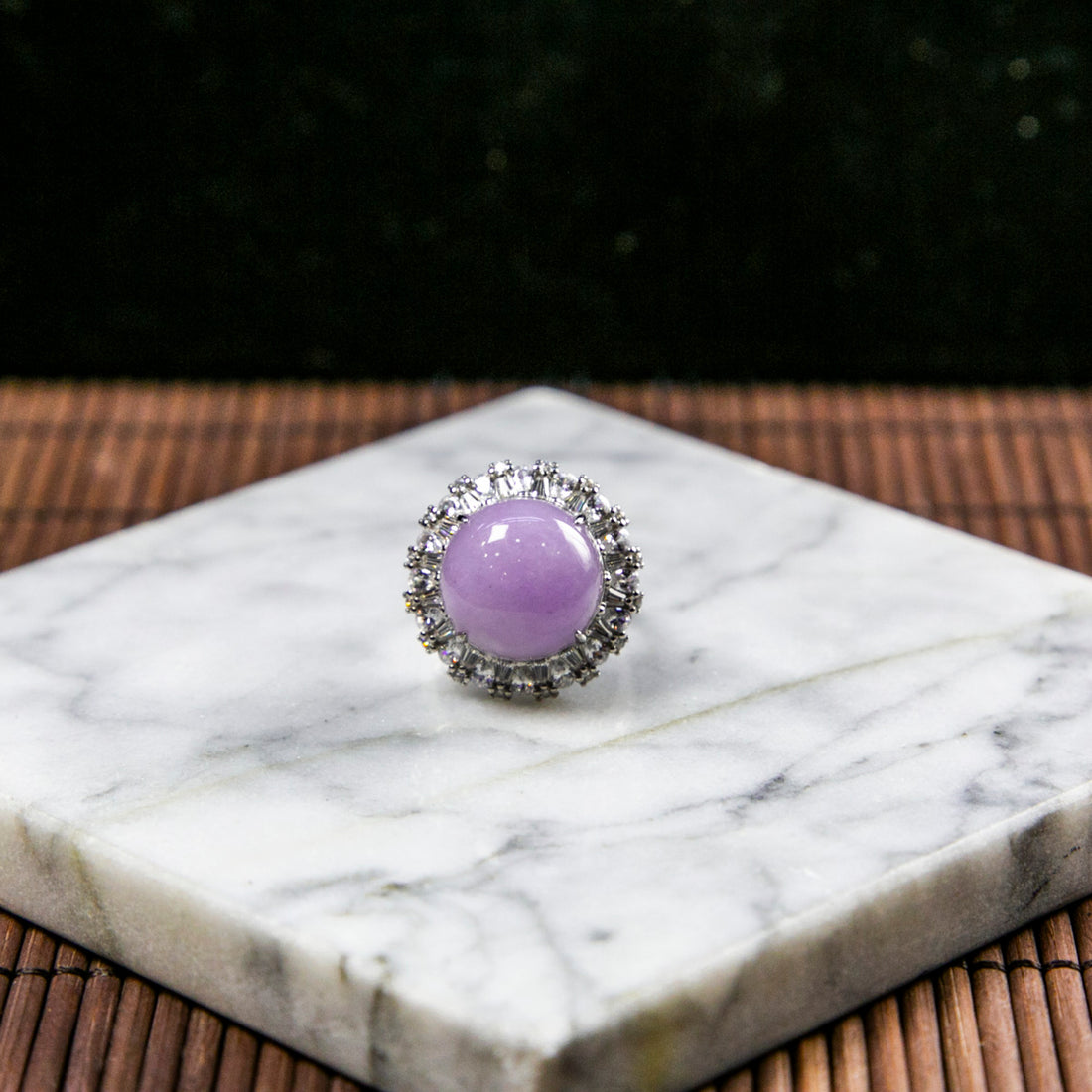 S925 Zircon Natural Burmese Jade Light Purple Cabochon Adjustable Ring