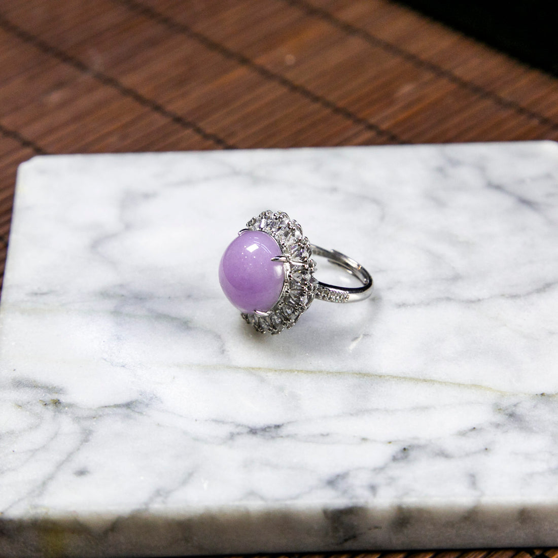 S925 Zircon Natural Burmese Jade Light Purple Cabochon Adjustable Ring