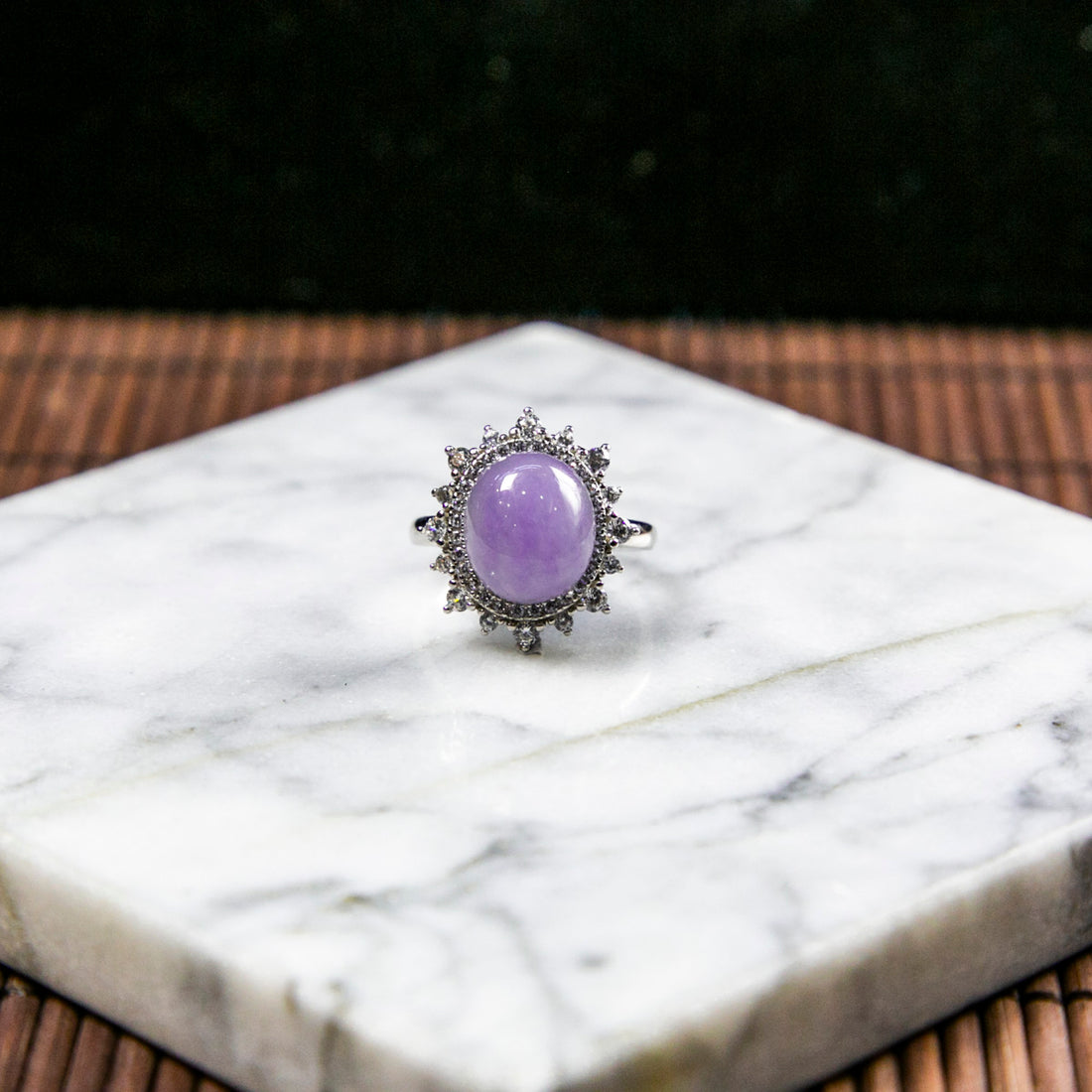 S925 Zircon Natural Burmese Jade Icy Purple Cabochon Adjustable Ring