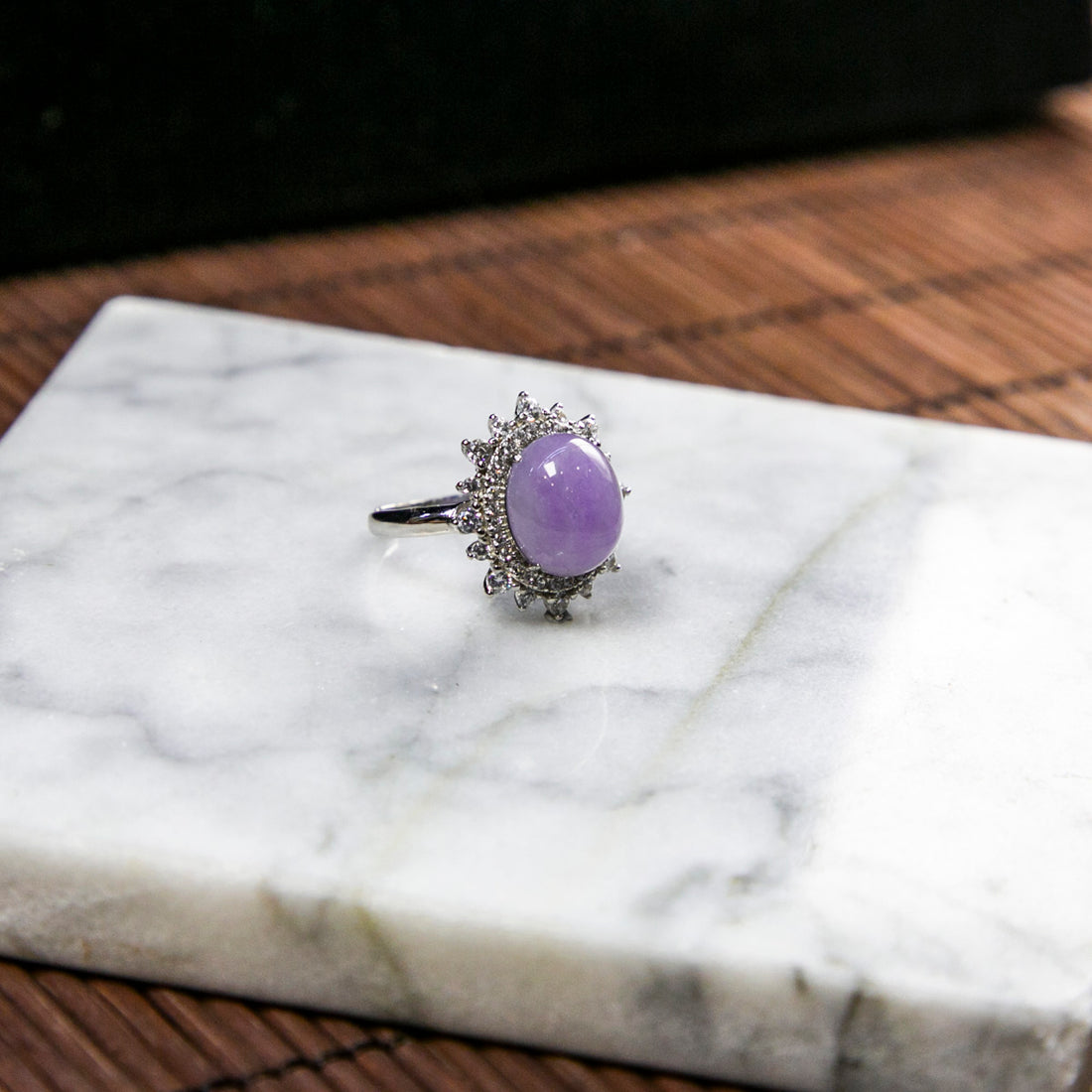 S925 Zircon Natural Burmese Jade Icy Purple Cabochon Adjustable Ring