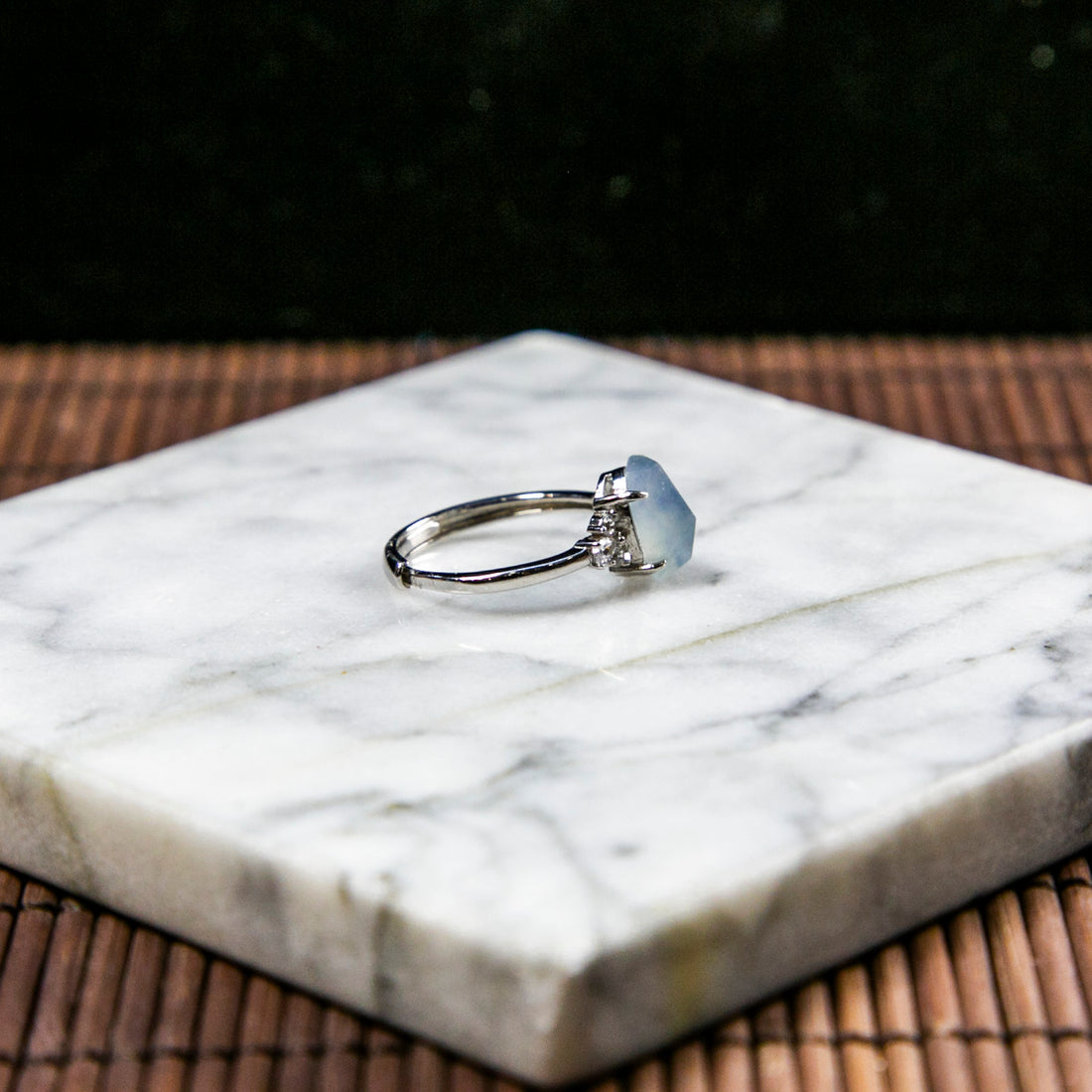 S925 Zircon Natural Burmese Jade Icy White Piao Hua Adjustable Ring