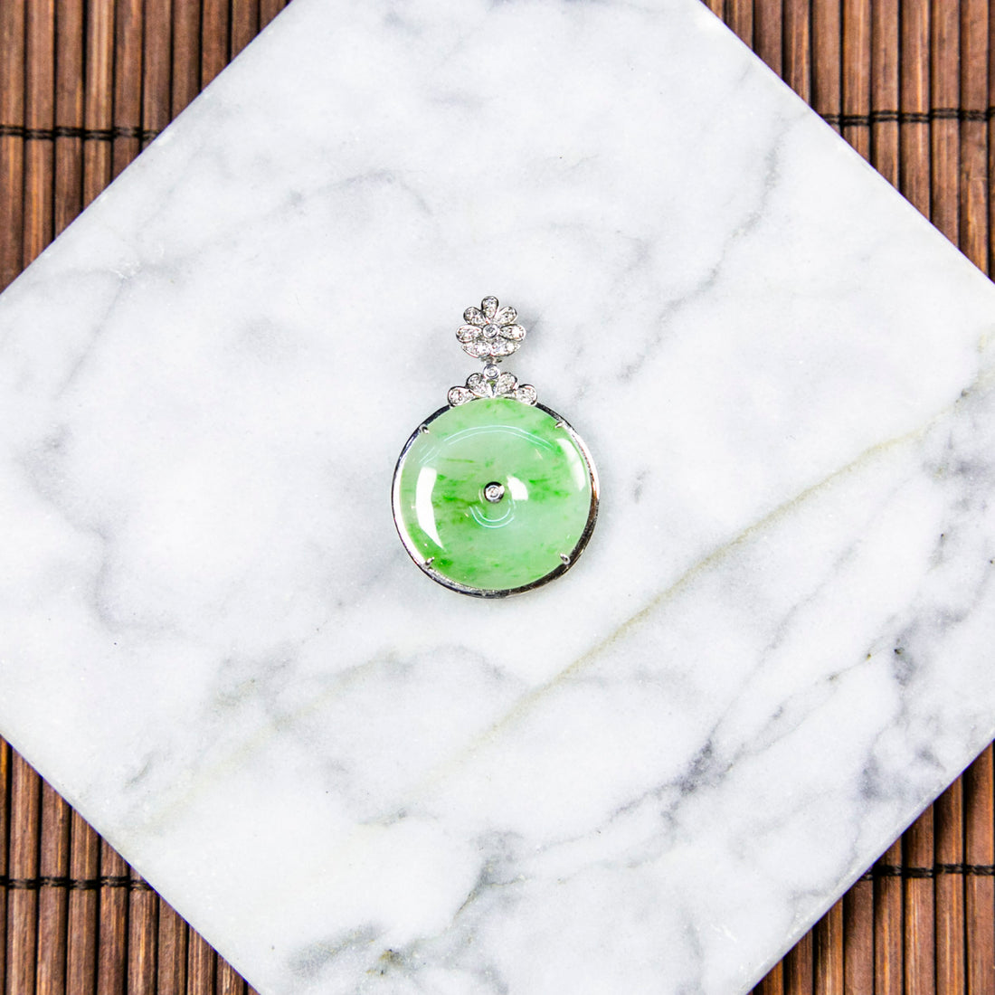 18K Platinum Diamond Natural Burmese Jade Icy Green Piao Hua Ping An Donut Pendant