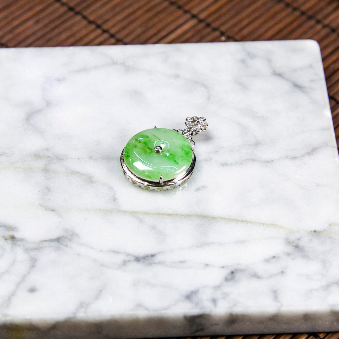 18K Platinum Diamond Natural Burmese Jade Icy Green Piao Hua Ping An Donut Pendant
