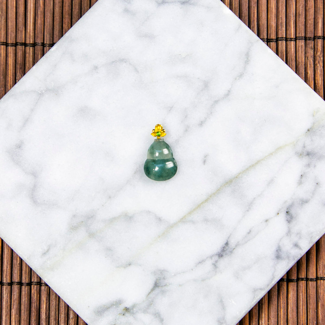 18K Gold Natural Burmese Jade Icy Blue Piao Hua Hulu Pendant