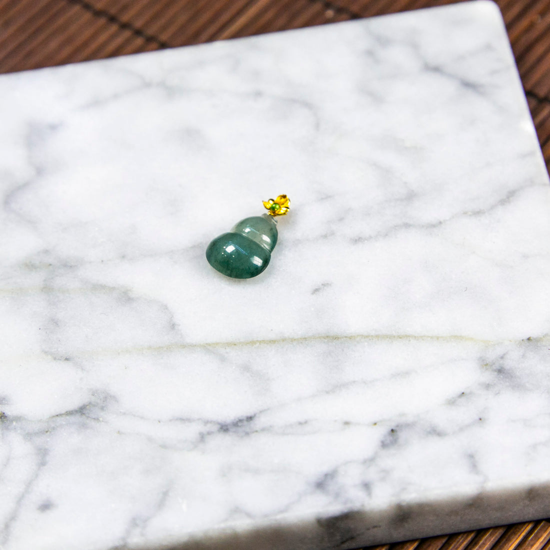 18K Gold Natural Burmese Jade Icy Blue Piao Hua Hulu Pendant