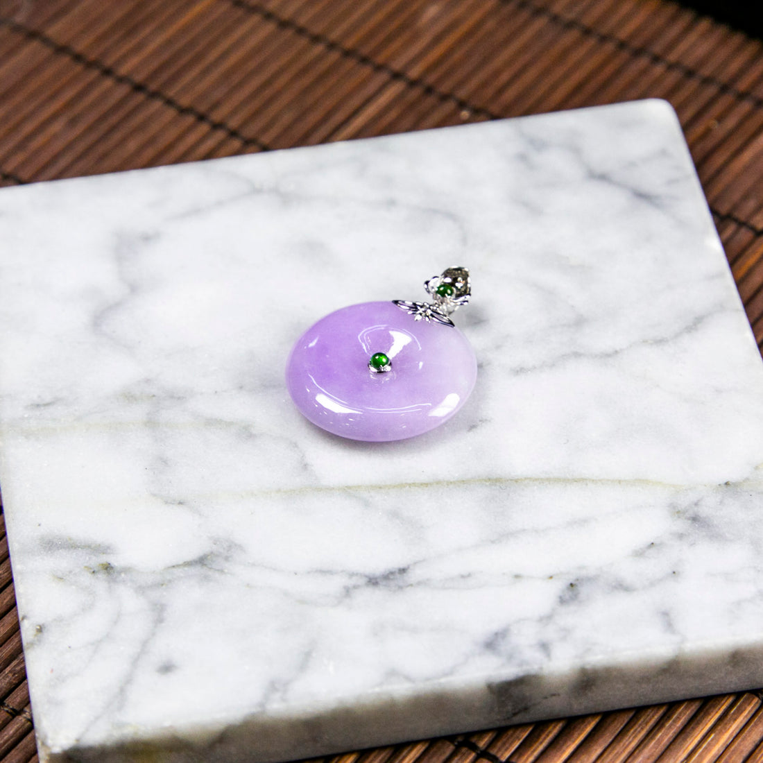 18K Platinum Diamond Natural Burmese Jade Lavender Ping An Donut Pendant