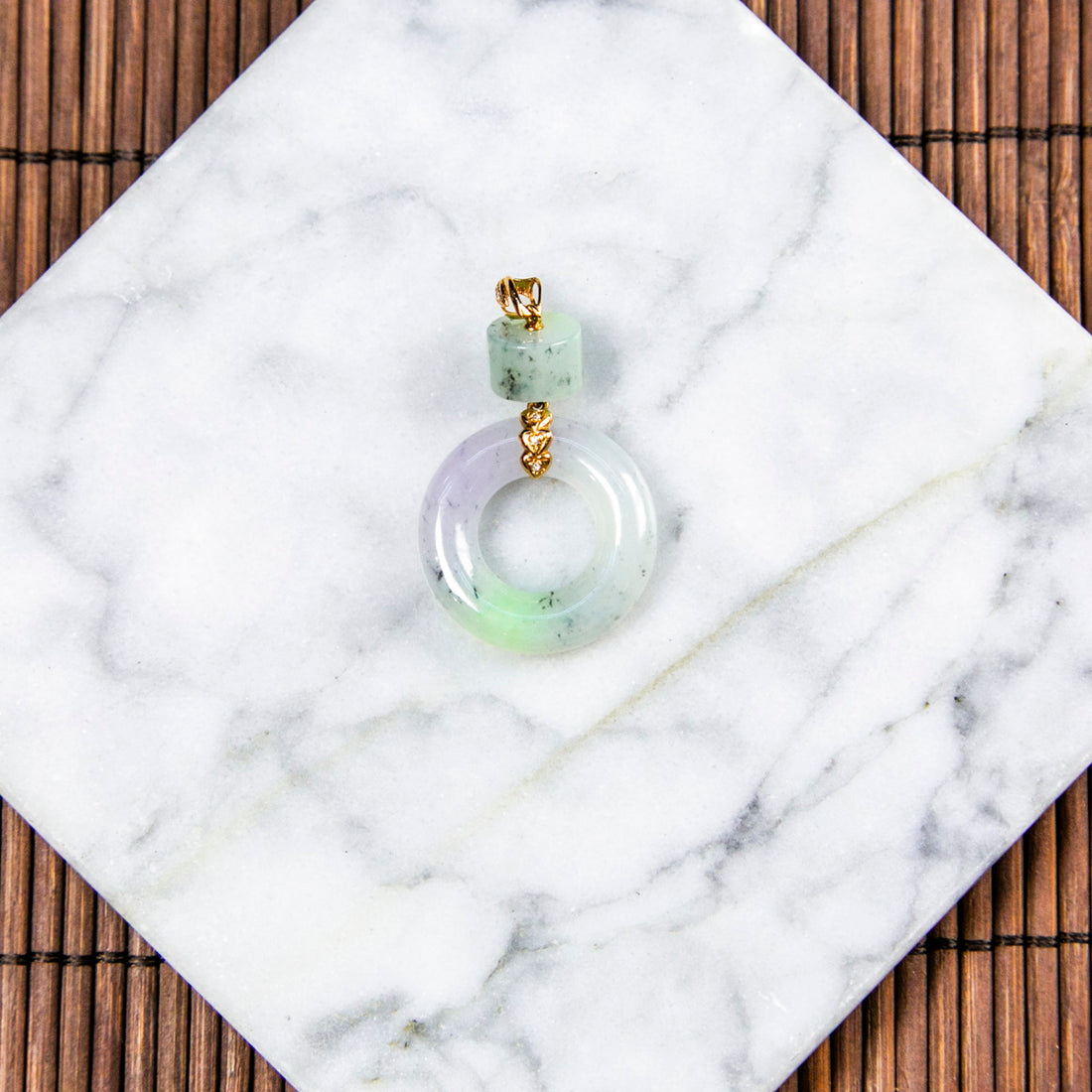 18K Rose Gold Diamond Natural Burmese Jade Green & Lavender Donut Pendant with Shades of Black Wuji