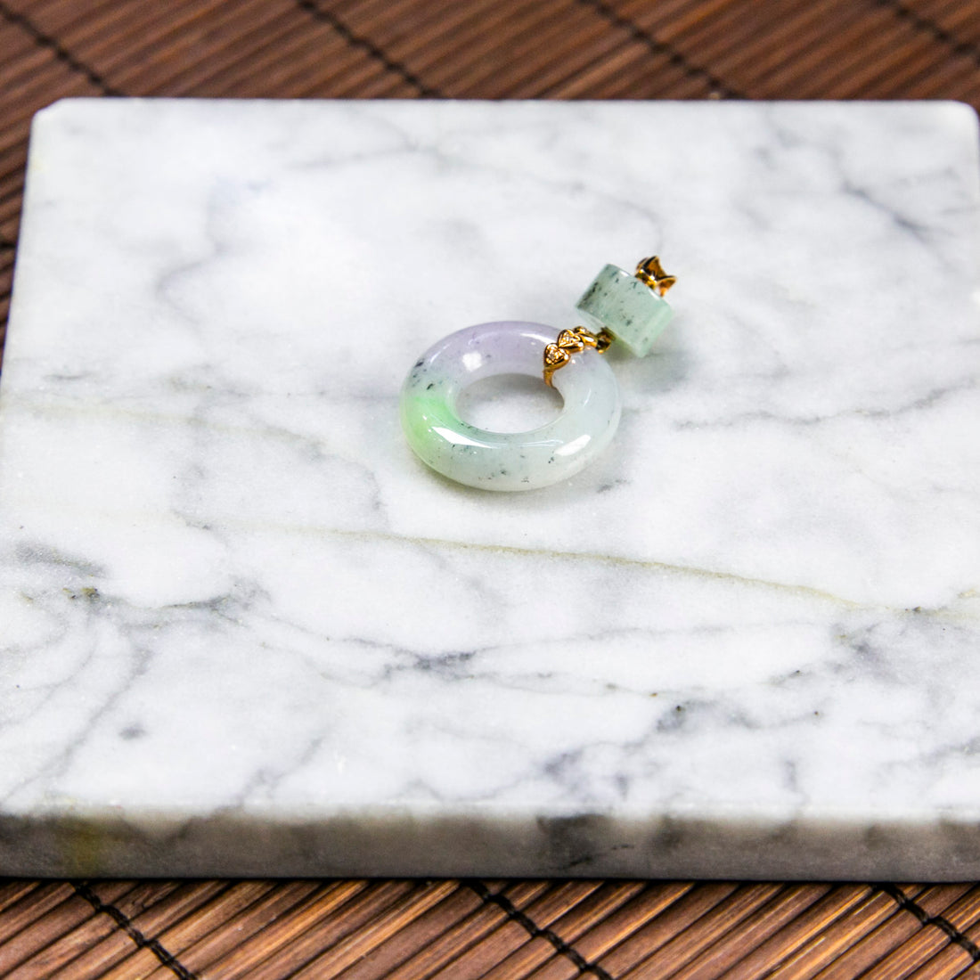 18K Rose Gold Diamond Natural Burmese Jade Green & Lavender Donut Pendant with Shades of Black Wuji