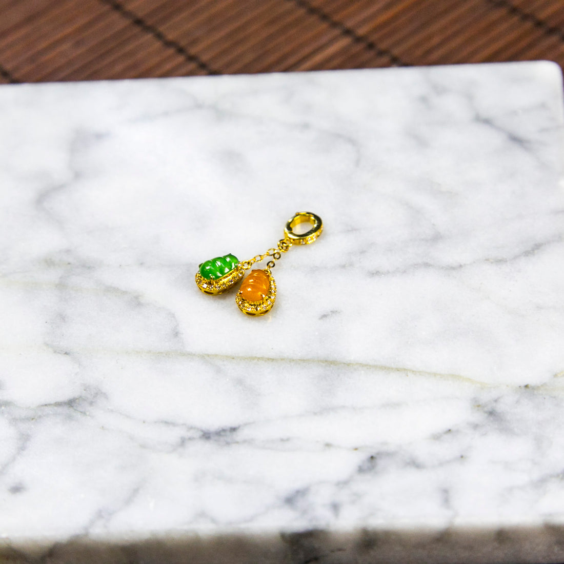 18K Platinum Diamond Natural Burmese Jade Icy Bright Green & Orange Bean Pendant with Clasp