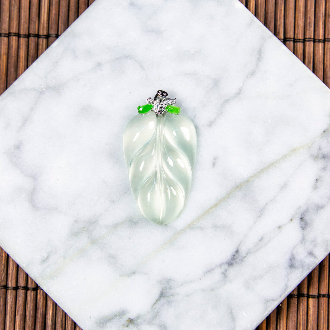 18K Platinum Diamond Natural Burmese Jade Icy White Leaf Pendant