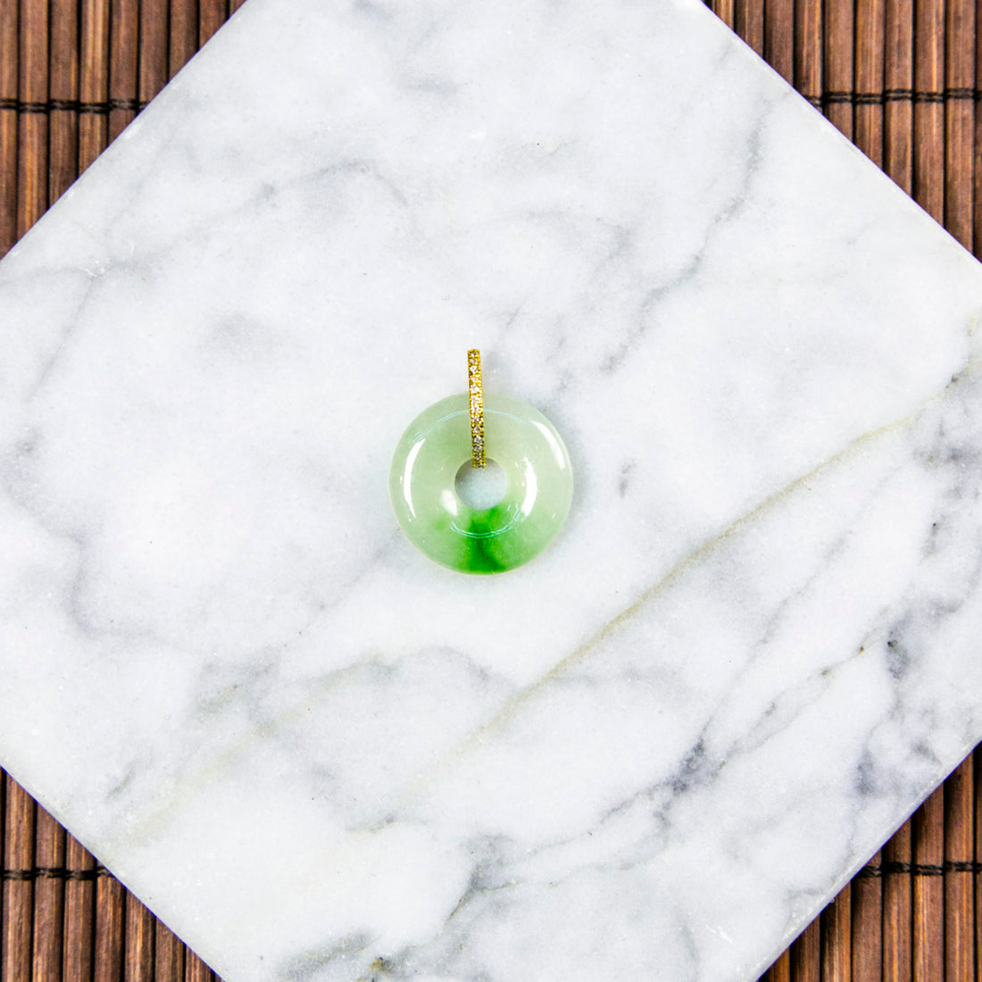 18K Gold Diamond Natural Burmese Jade Icy Green Piao Hua Donut Pendant