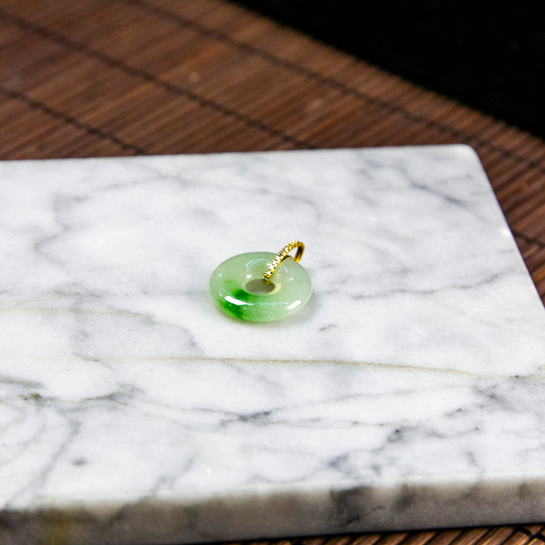 18K Gold Diamond Natural Burmese Jade Icy Green Piao Hua Donut Pendant