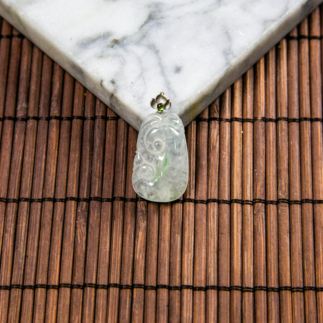18K Platinum Natural Burmese Jade Icy White & Geen Ruyi Pendant