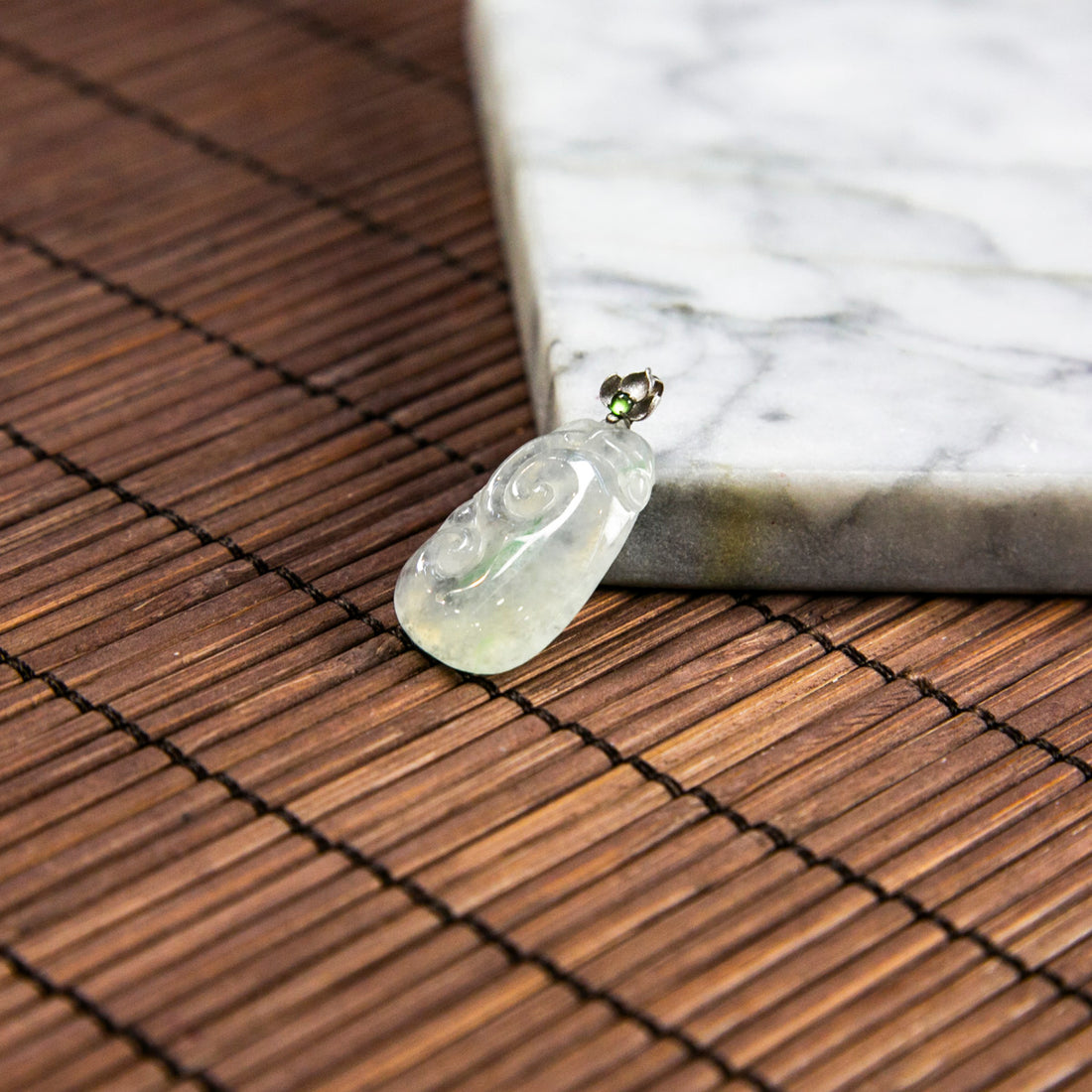 18K Platinum Natural Burmese Jade Icy White & Geen Ruyi Pendant