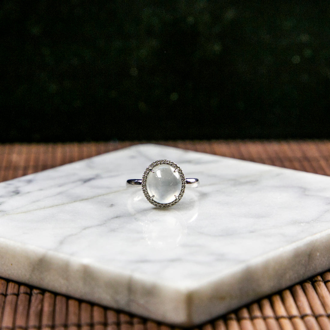 18K Platinum Diamond Natural Burmese Jade Icy White Cabochon Ring