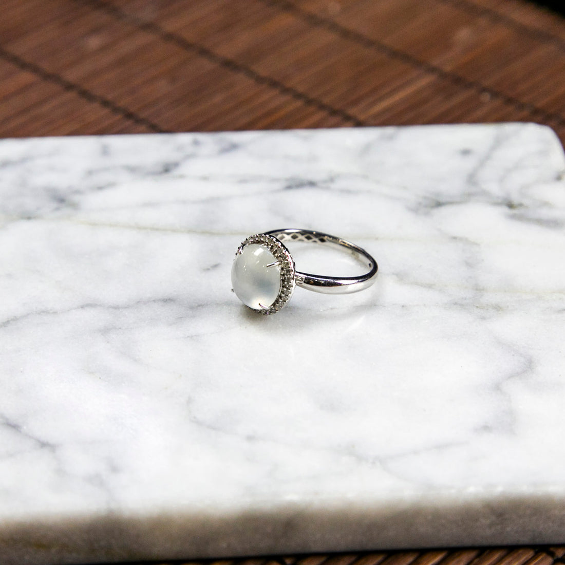 18K Platinum Diamond Natural Burmese Jade Icy White Cabochon Ring