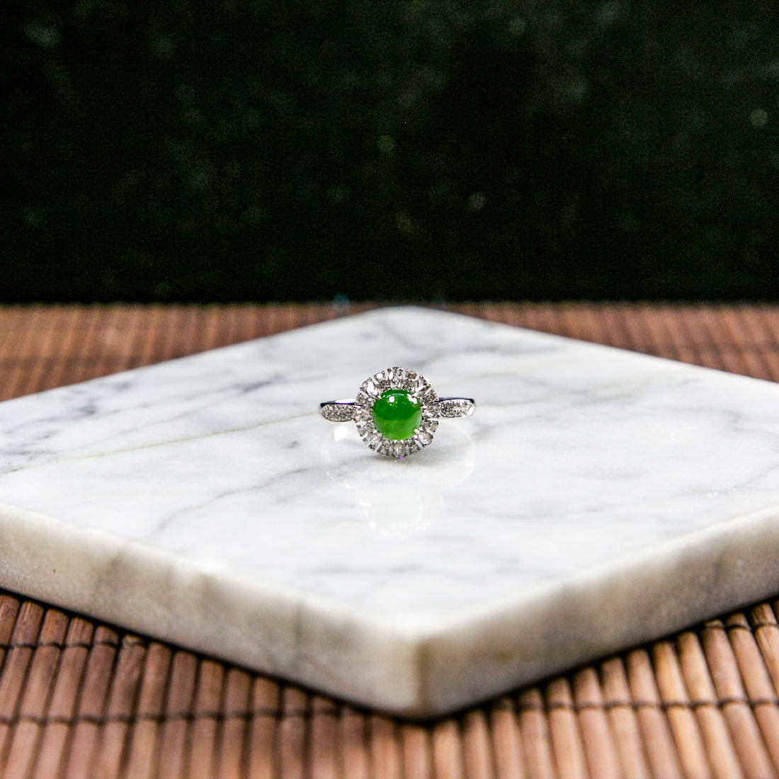 18K Platinum Diamond Natural Burmese Jade Icy Bright Green Cabochon Ring