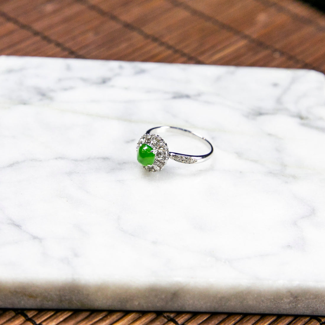 18K Platinum Diamond Natural Burmese Jade Icy Bright Green Cabochon Ring