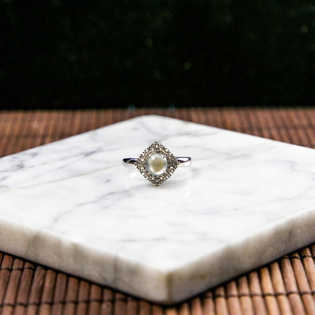 18K Platinum Diamond Natural Burmese Jade Icy White Cabochon Rhombus Ring