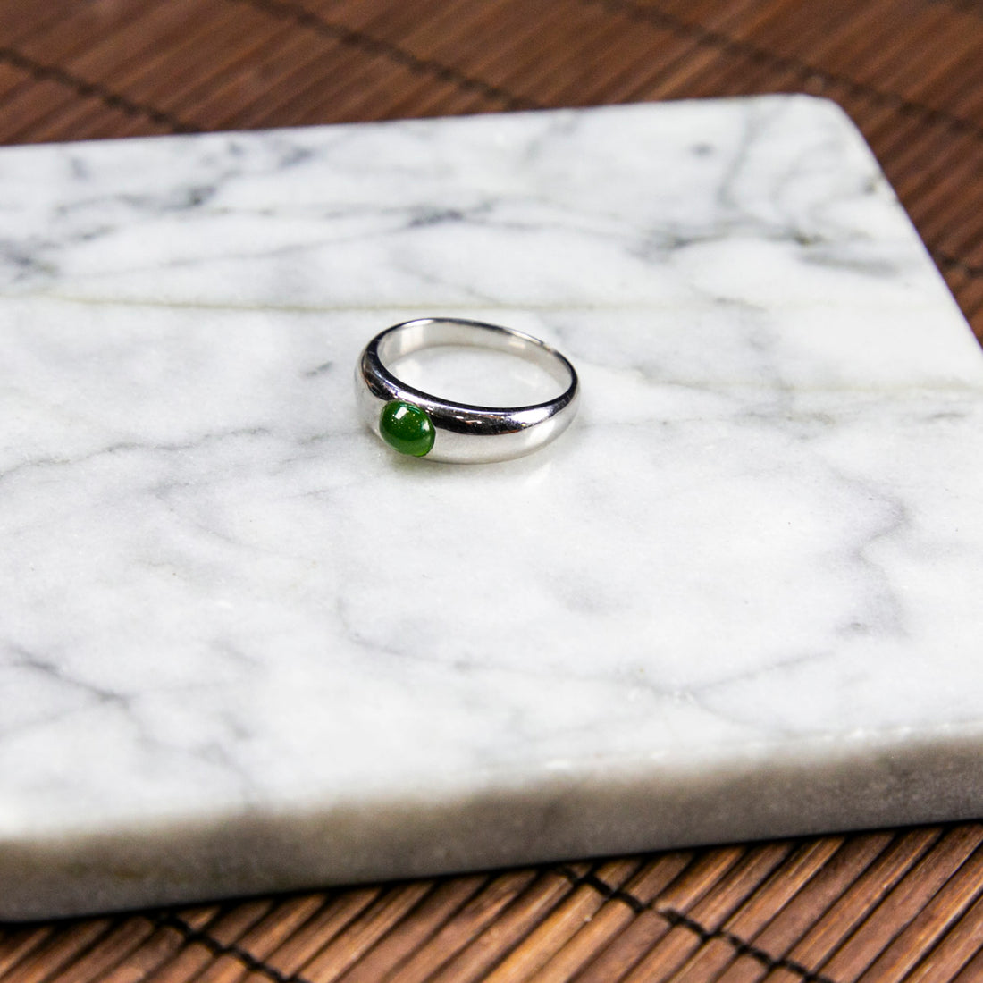 18K Platinum Natural Burmese Jade Icy Bright Green Cabochon Ring