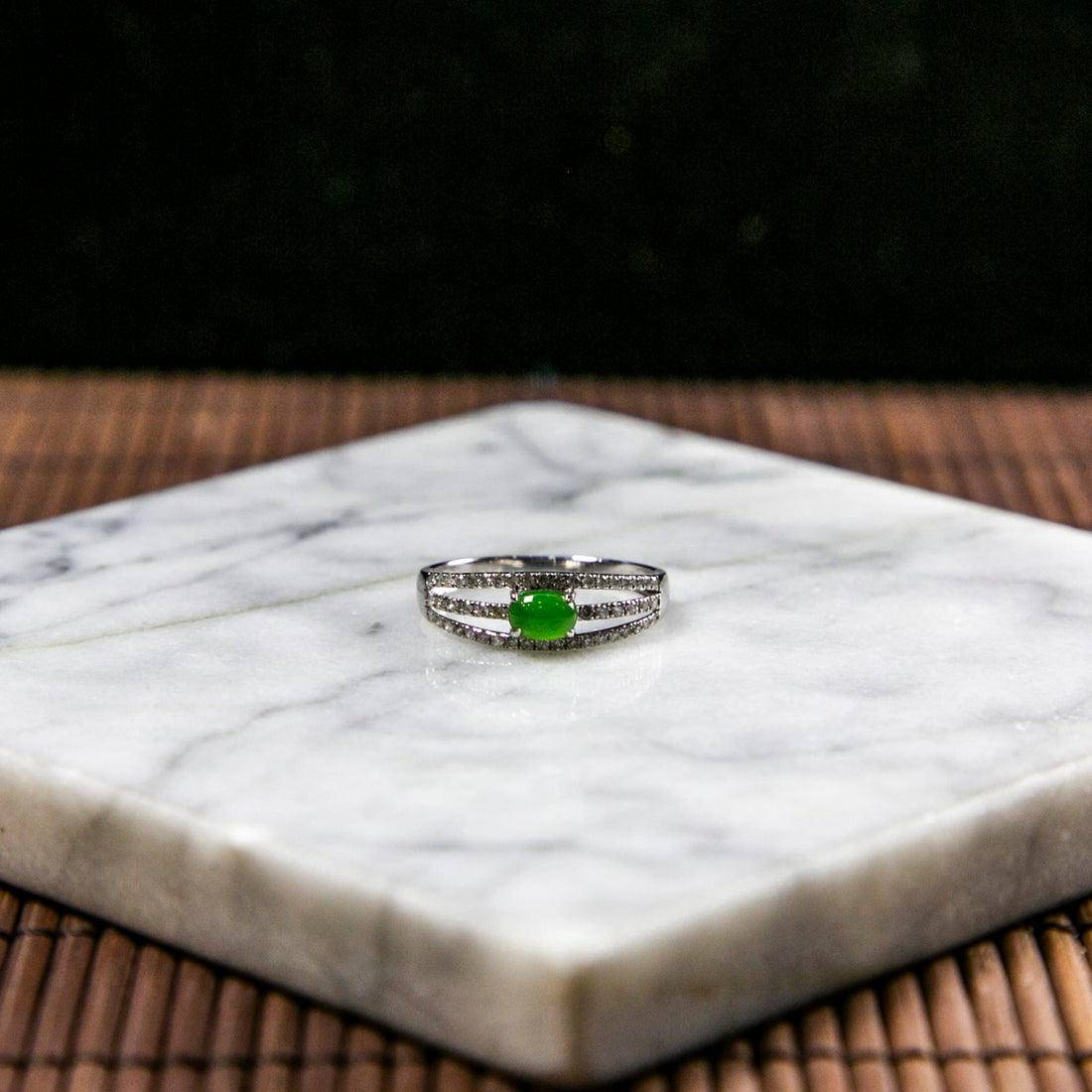 18K Platinum Diamond Natural Burmese Jade Icy Bright Green Cabochon Ring