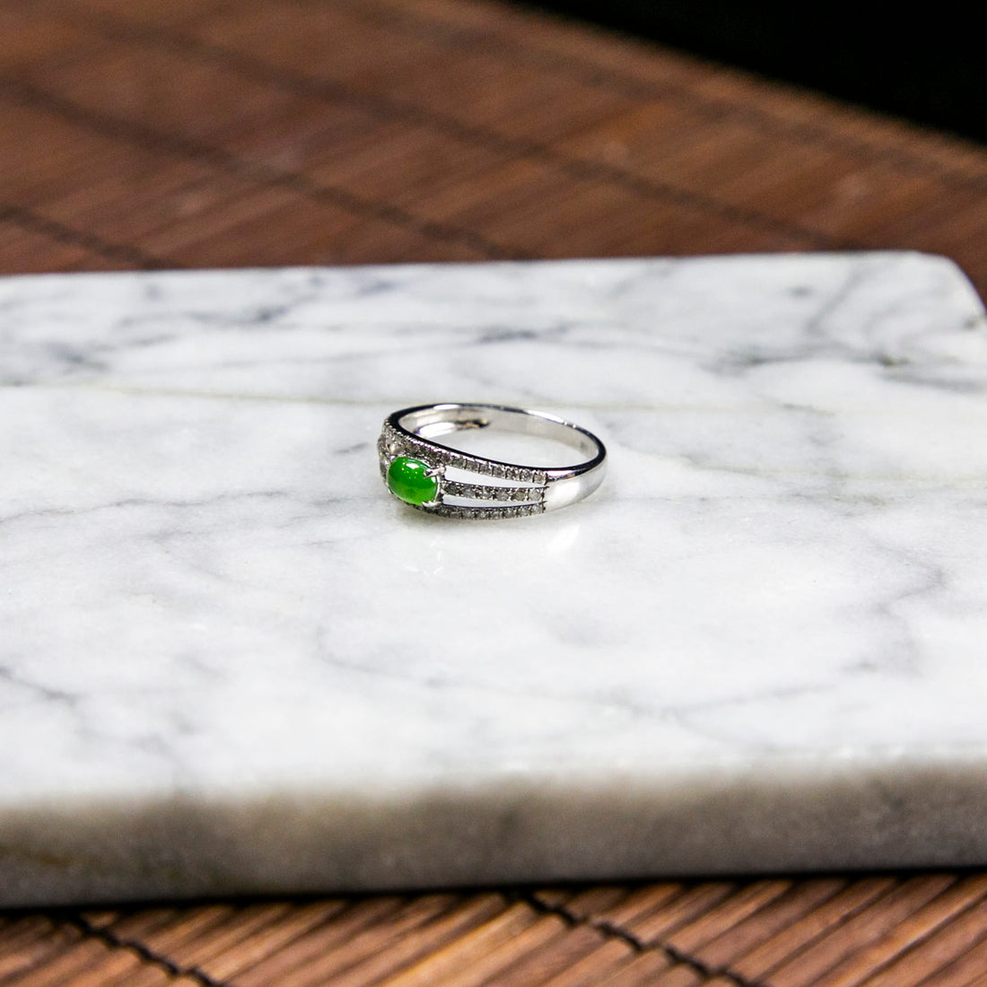 18K Platinum Diamond Natural Burmese Jade Icy Bright Green Cabochon Ring